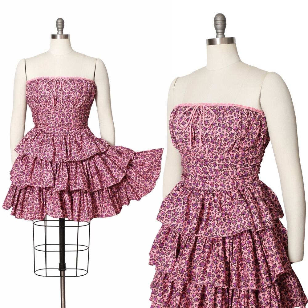 Vintage Y2K BETSEY JOHNSON Dress 2000s Pink Tiered Ditsy Floral Mini Sundress